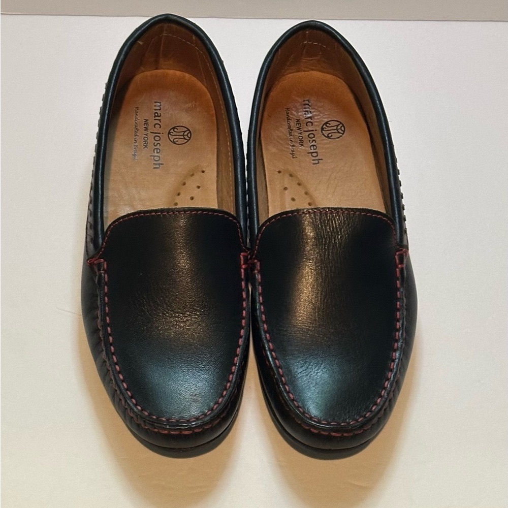 Marc Joseph Black Leather Slip-On Loafers with Red Stitching